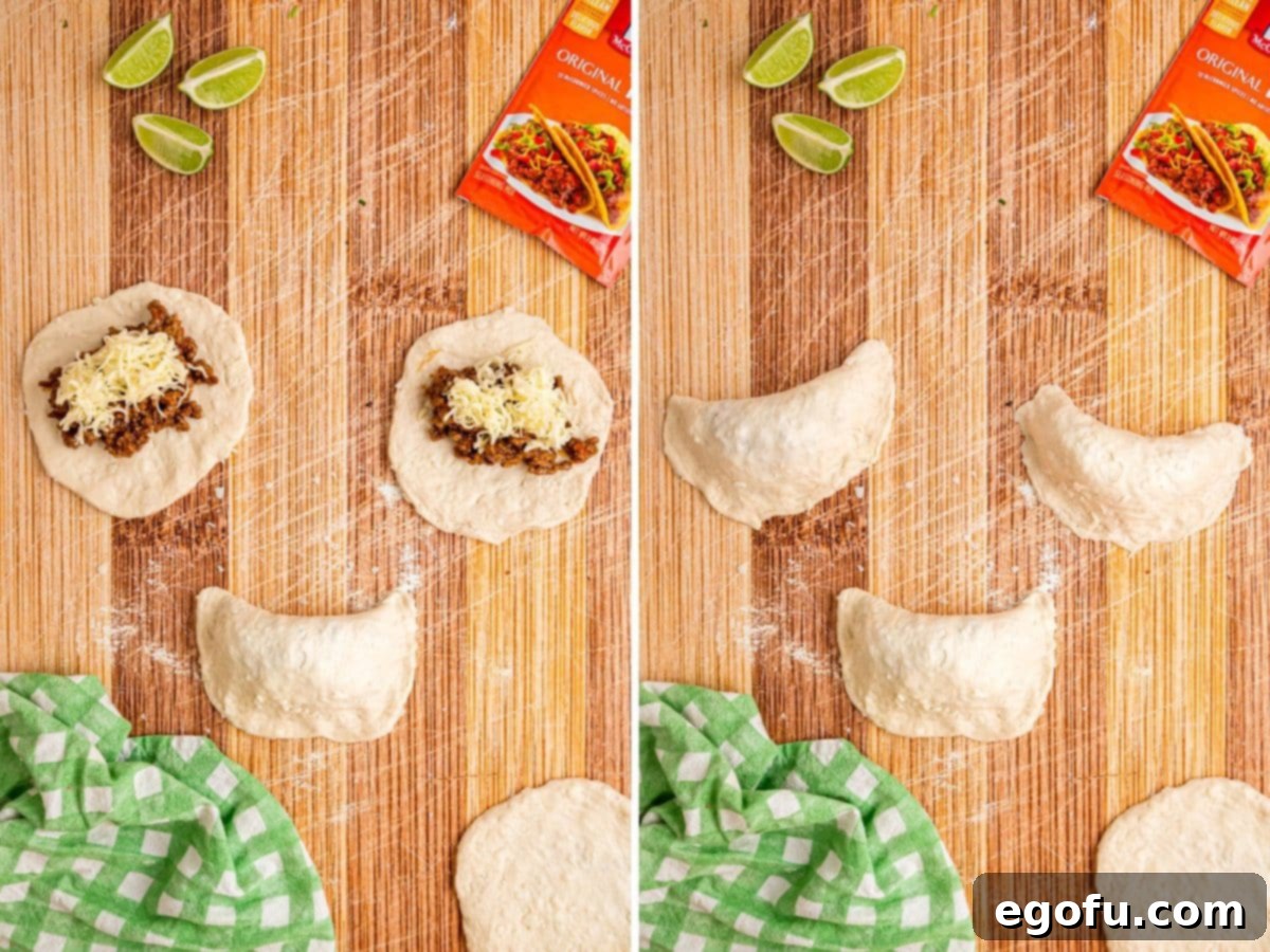 Taco Pockets being folded in half and sealed by pressing the edges and crimping with a fork.
