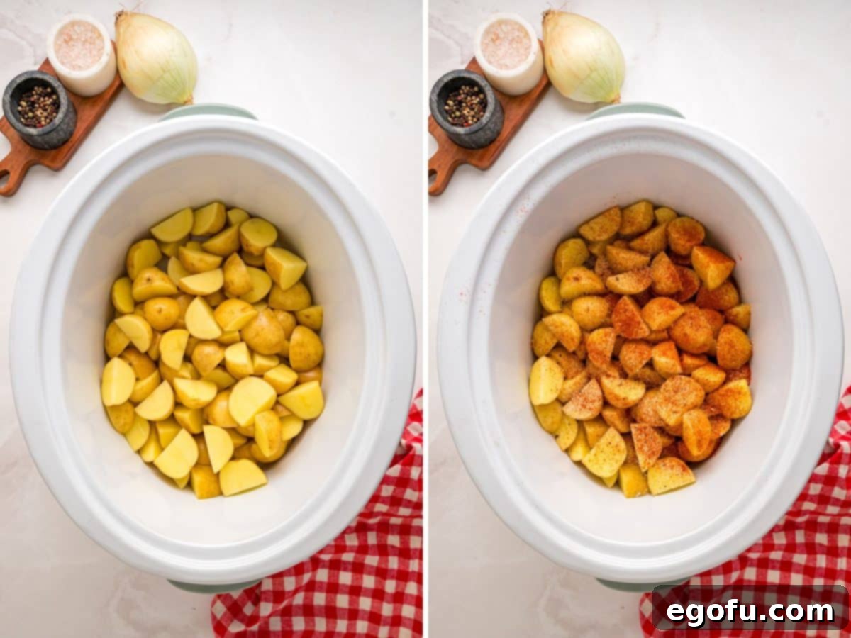 Bayou Slow Cooker Potatoes 6 Potatoes and seasoned potatoes in a Slow Cooker.