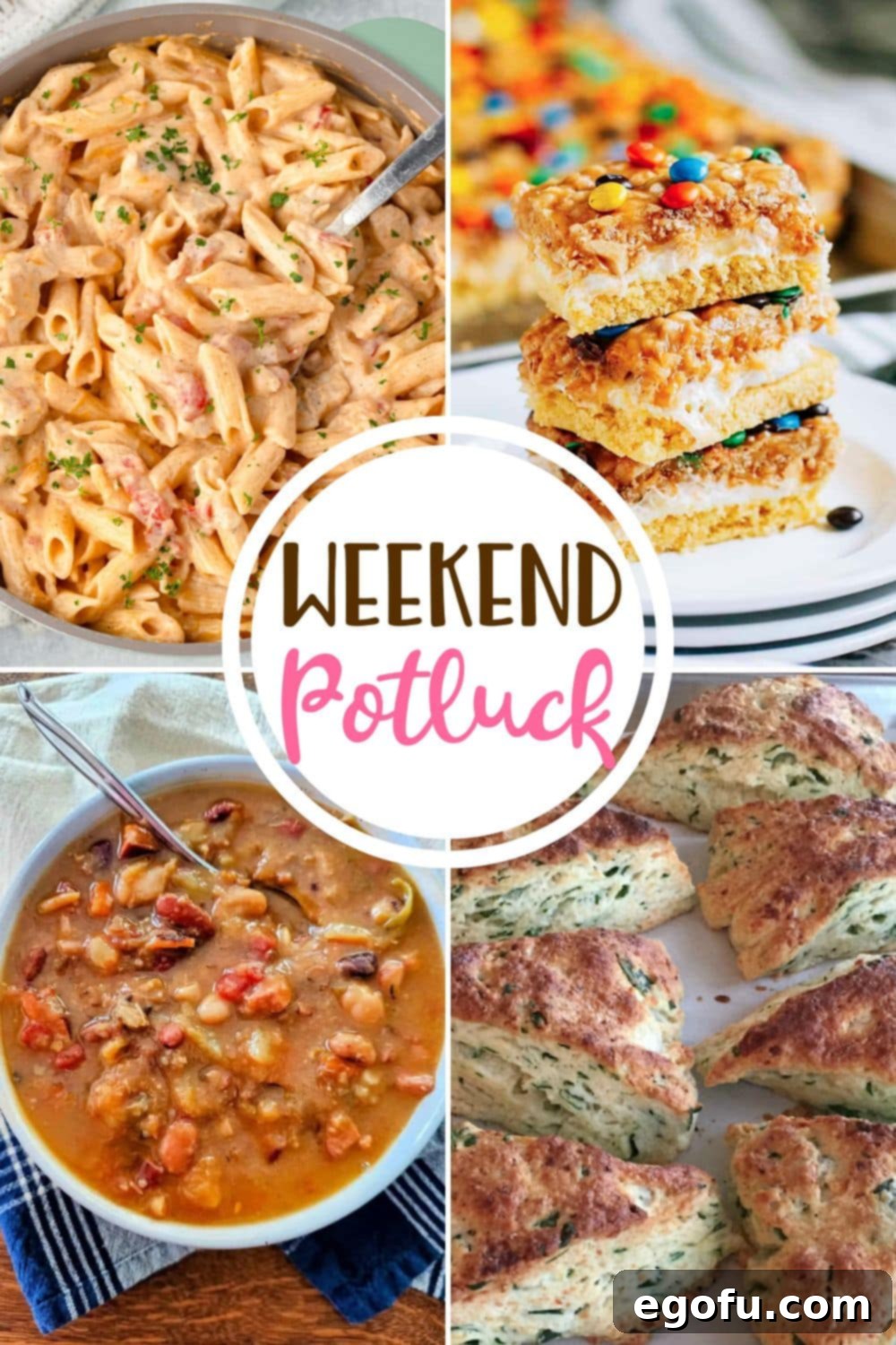 Featured recipes from Weekend Potluck: creamy Rotel Chicken Pasta, surprising Crack in a Pan, hearty Kielbasa and 15-Bean Soup, and flavorful Spinach Feta Scones.
