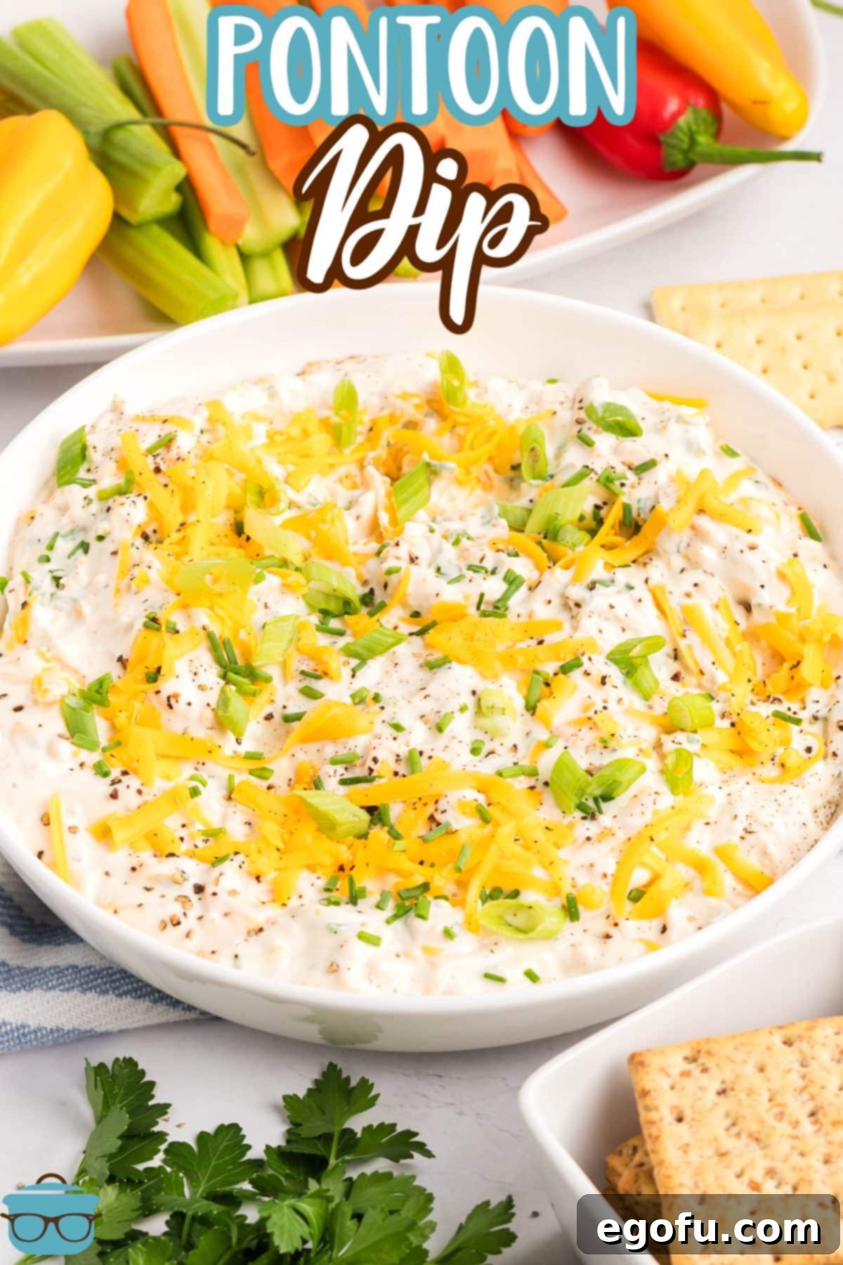 A white serving bowl filled with creamy Pontoon Dip, garnished with shredded cheese and green onions.
