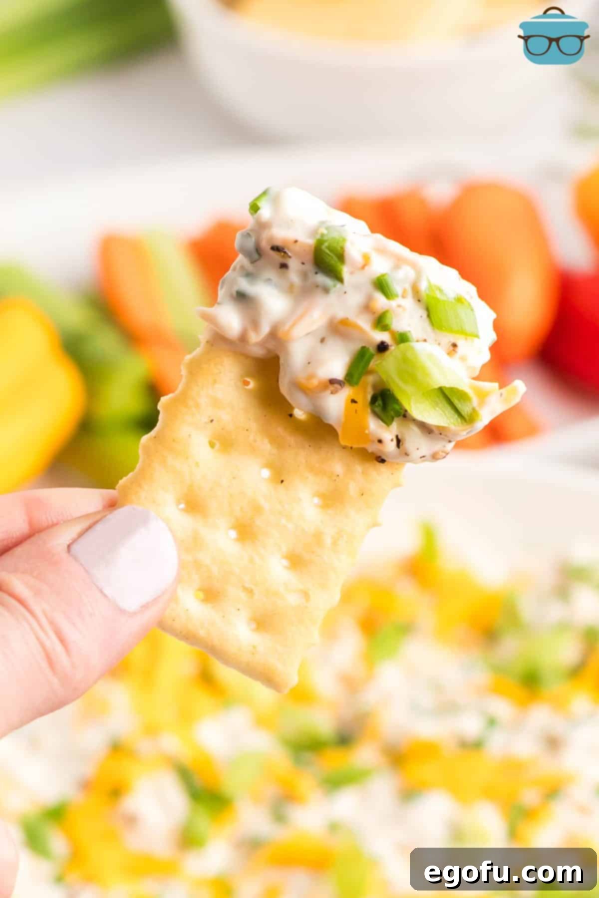 A hand holding a cracker with a generous amount of Pontoon Dip on the end, ready to be enjoyed.