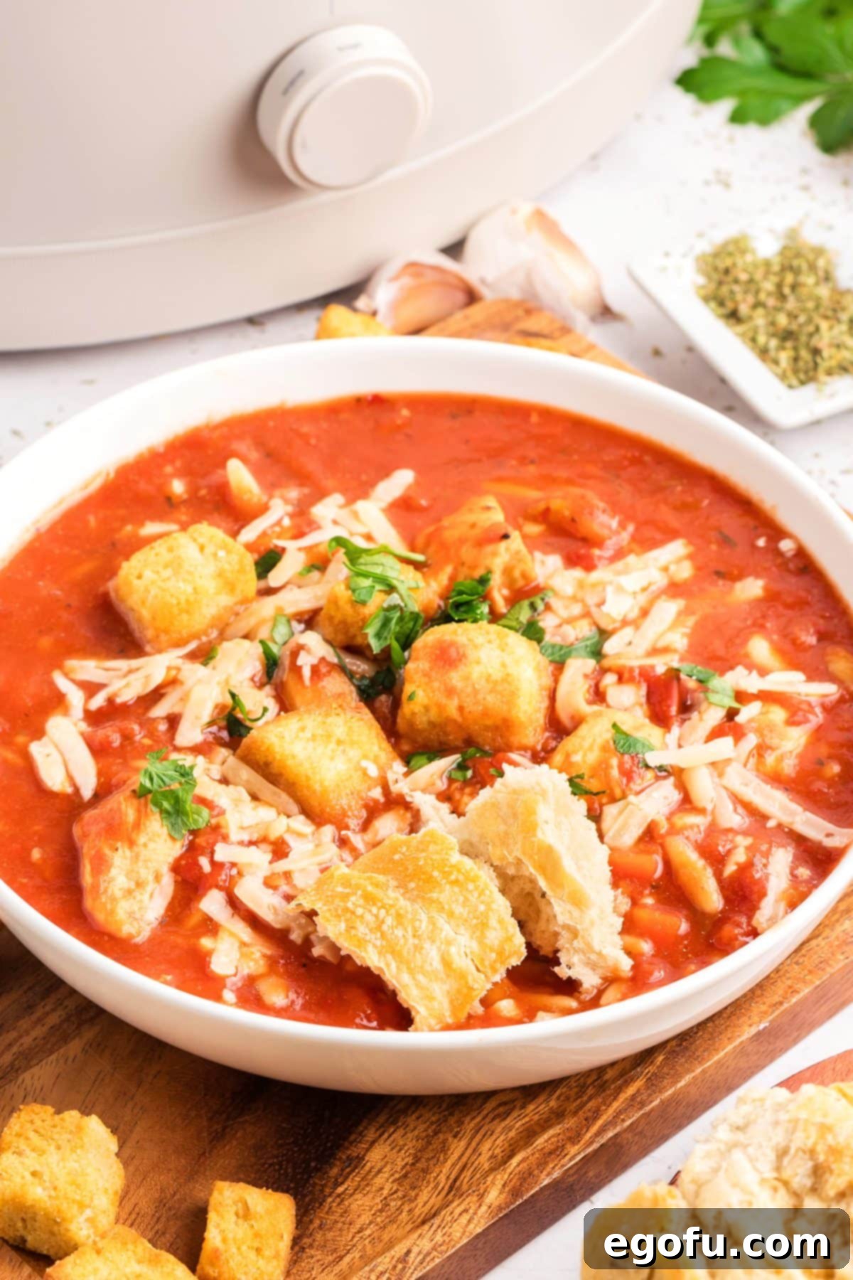 A comforting bowl of Slow Cooker Chicken Parmesan Soup, garnished with golden croutons and freshly shredded Parmesan cheese.