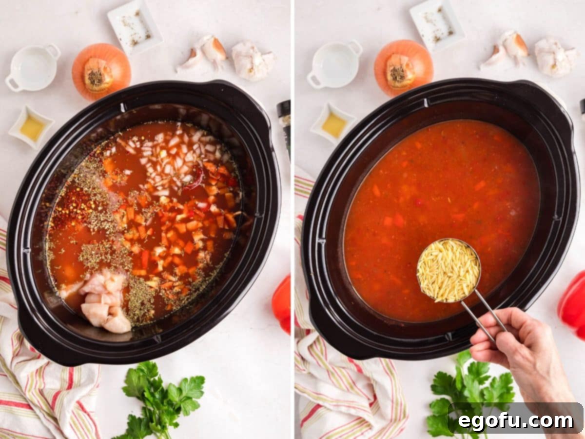 Uncooked orzo pasta being added to a Crock Pot full of simmering Chicken Parmesan Soup.