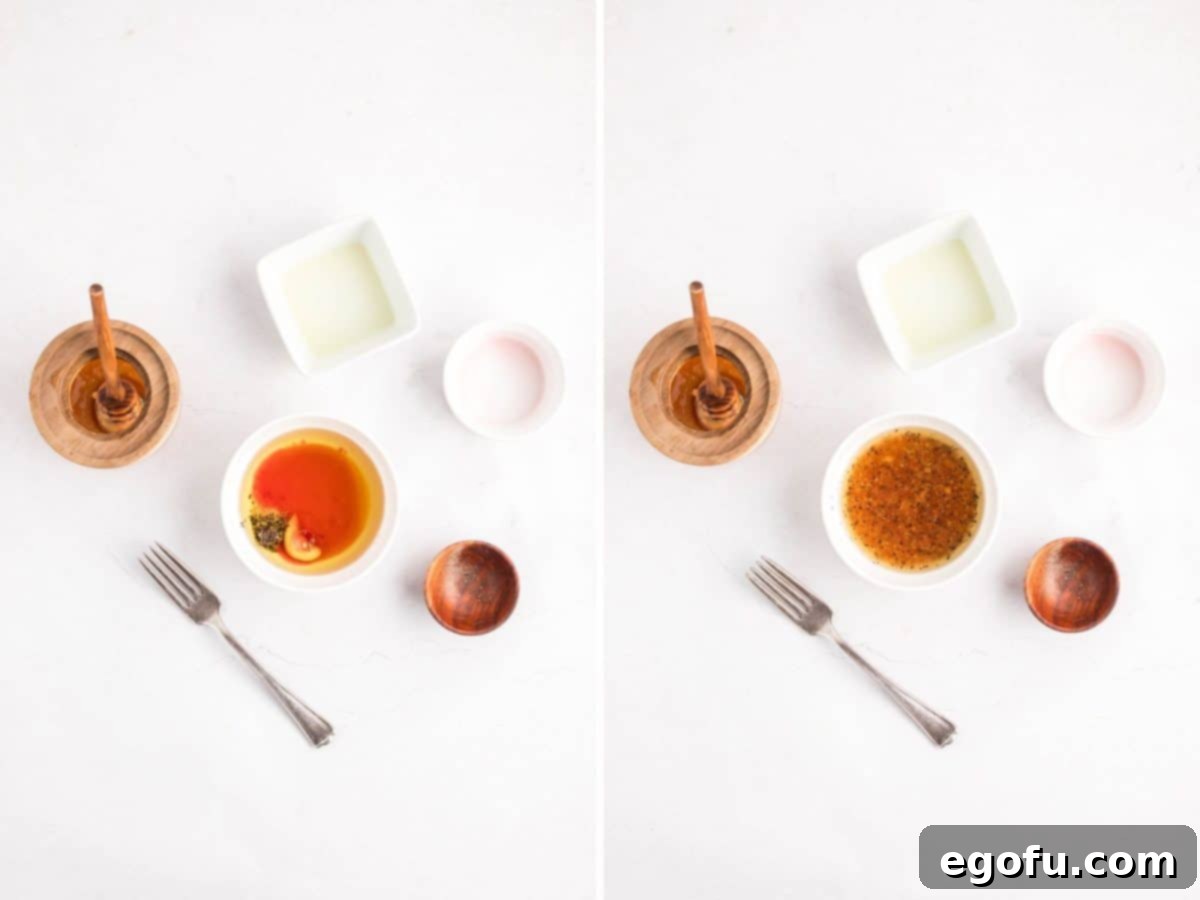 The ingredients for a vibrant homemade vinaigrette dressing being whisked together in a small bowl until smooth and emulsified.