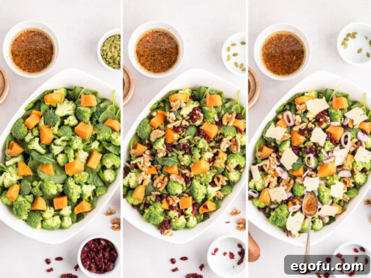 All the colorful and fresh ingredients for the Autumn Salad artfully arranged in a large mixing bowl, showcasing the textures and vibrancy before dressing.