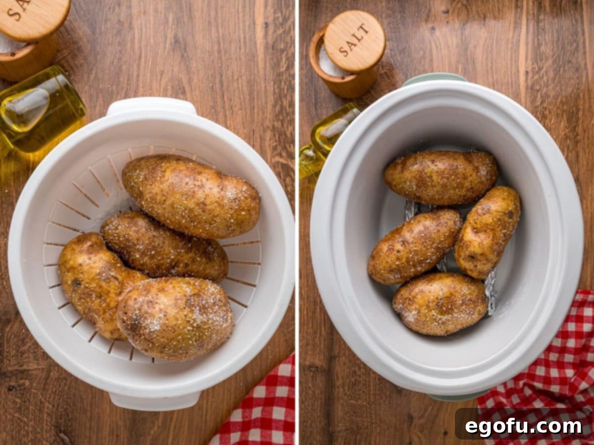 A colander of salted potatoes and some in a Crock Pot, ready for slow cooking.