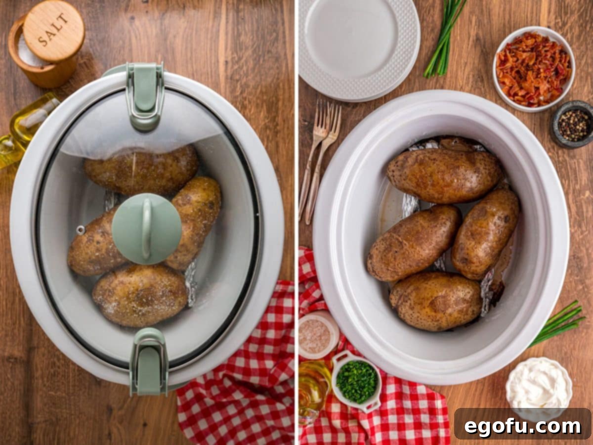 A Crock Pot with a lid full of Baked Potatoes and fully cooked Baked Potatoes in the Slow Cooker, showing their fluffy texture.