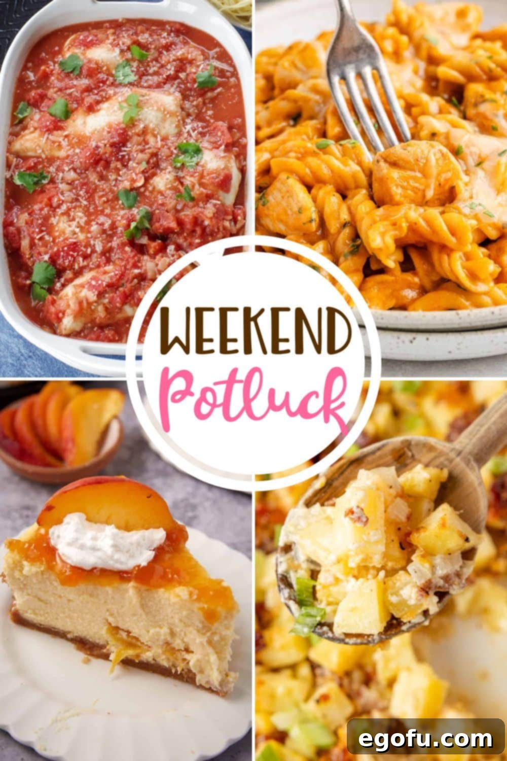 Potluck Perfect Baked Chicken Cacciatore 2 A vibrant collage of Weekend Potluck featured recipes including: Baked Chicken Cacciatore, Creamy Peach Cheesecake, Chicken Enchilada Pasta, and Mississippi Mud Potatoes. Perfect for family meals and gatherings.