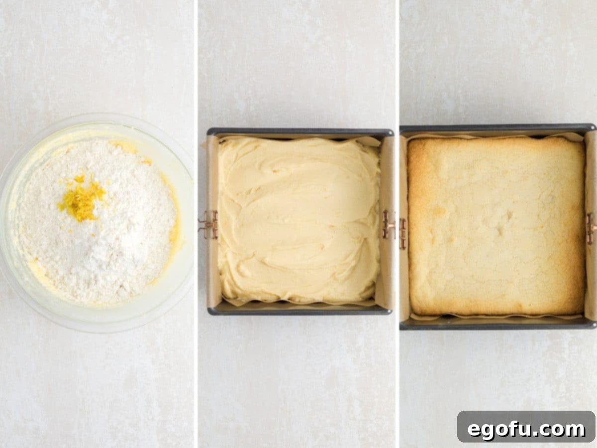 Flour and lemon zest being folded into the wet ingredients to form a thick batter, followed by a view of the batter poured into a lined baking dish and a shot of the freshly baked lemon brownies in the pan.