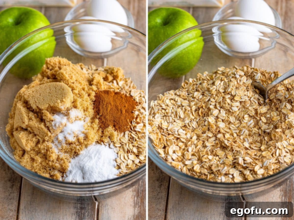 A large bowl containing a perfectly mixed blend of old-fashioned oats, rich brown sugar, baking soda, aromatic apple pie spice, and a pinch of salt.