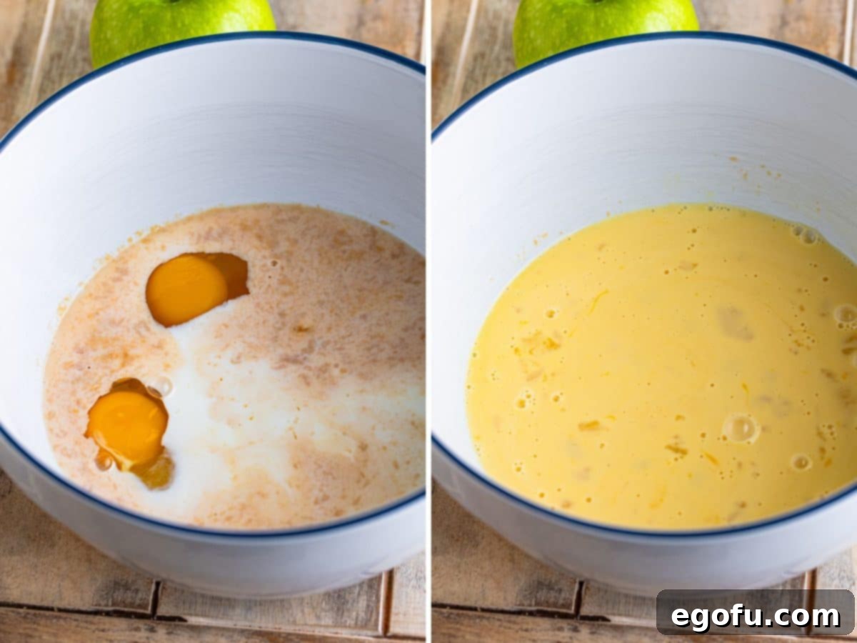 A separate bowl holding a harmonious mixture of milk, ¼ cup of sweet caramel sauce, and fragrant vanilla extract, all being carefully mixed together.