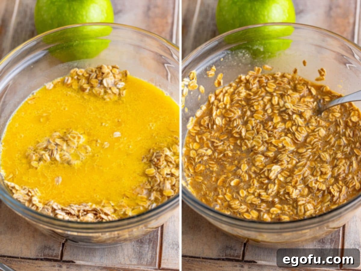 The fully combined wet ingredient mixture being poured into the dry oat mixture, ready to be stirred together for the baked oatmeal.