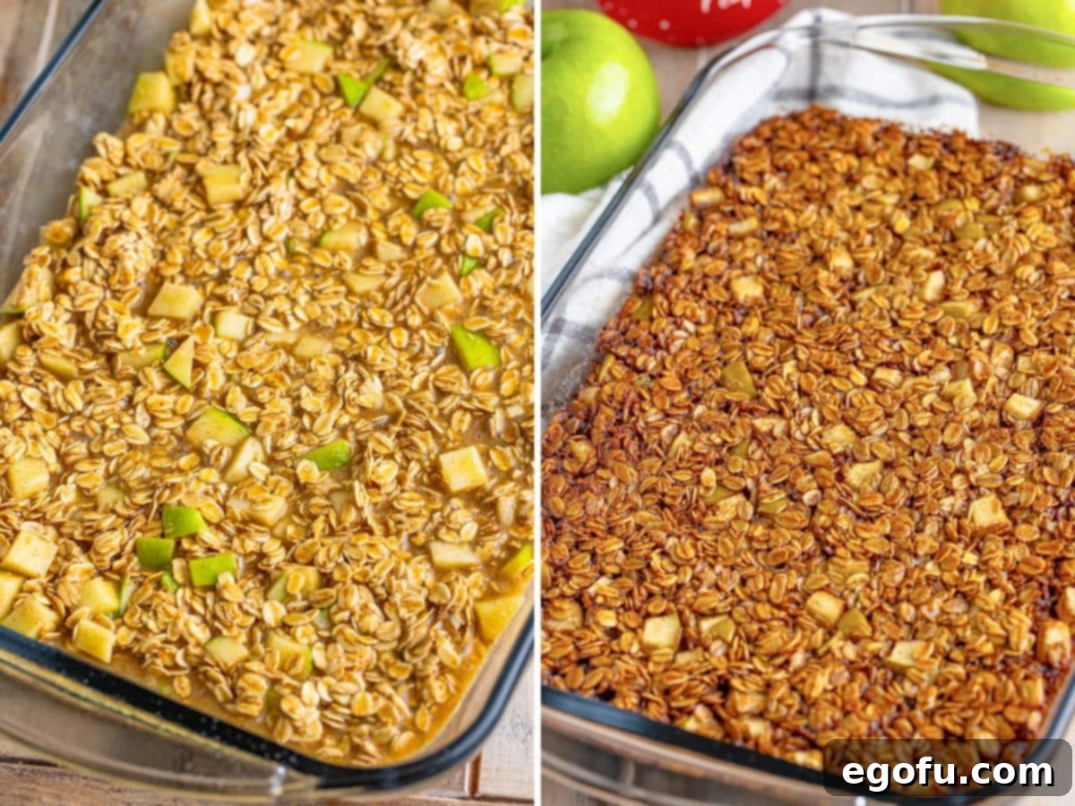 A side-by-side view: on the left, the unbaked apple oatmeal mixture spread evenly in a baking pan; on the right, the same pan after baking, showing perfectly golden brown and set Apple Baked Oatmeal.