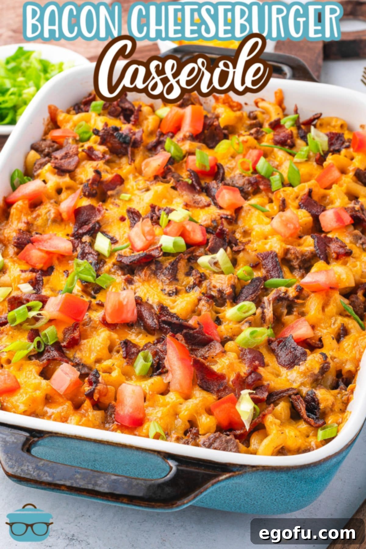 Cheesy Bacon Burger Bake 3 A large rectangular baking dish filled with a golden, bubbly Bacon Cheeseburger Casserole, freshly baked with melted cheese and crunchy bacon.