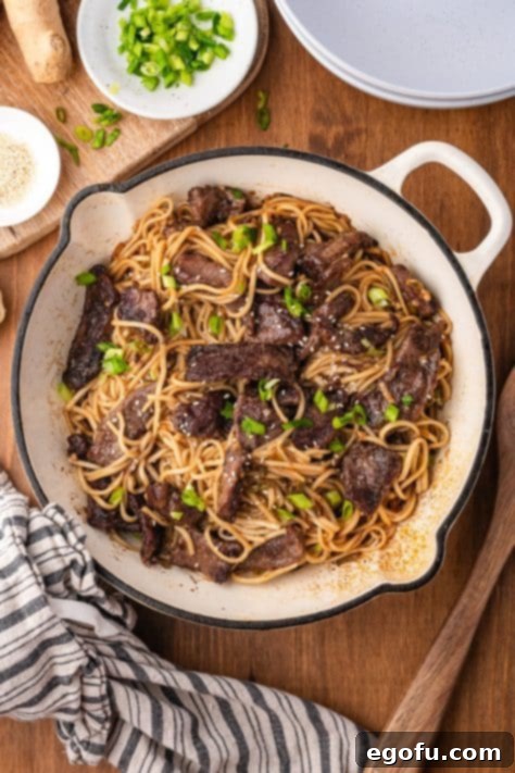 A pot of Mongolian Beef and Noodles.