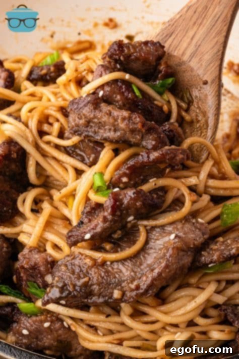 Looking close up at a wooden serving spoon stirring some Mongolian Beef Noodles.