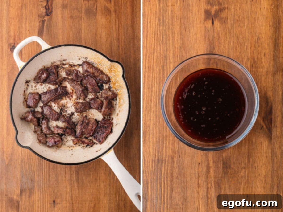 Cooked beef in a skillet and a small bowl containing the whisked sauce ingredients: soy sauce, water, hoisin sauce, brown sugar, rice vinegar, and sesame oil.