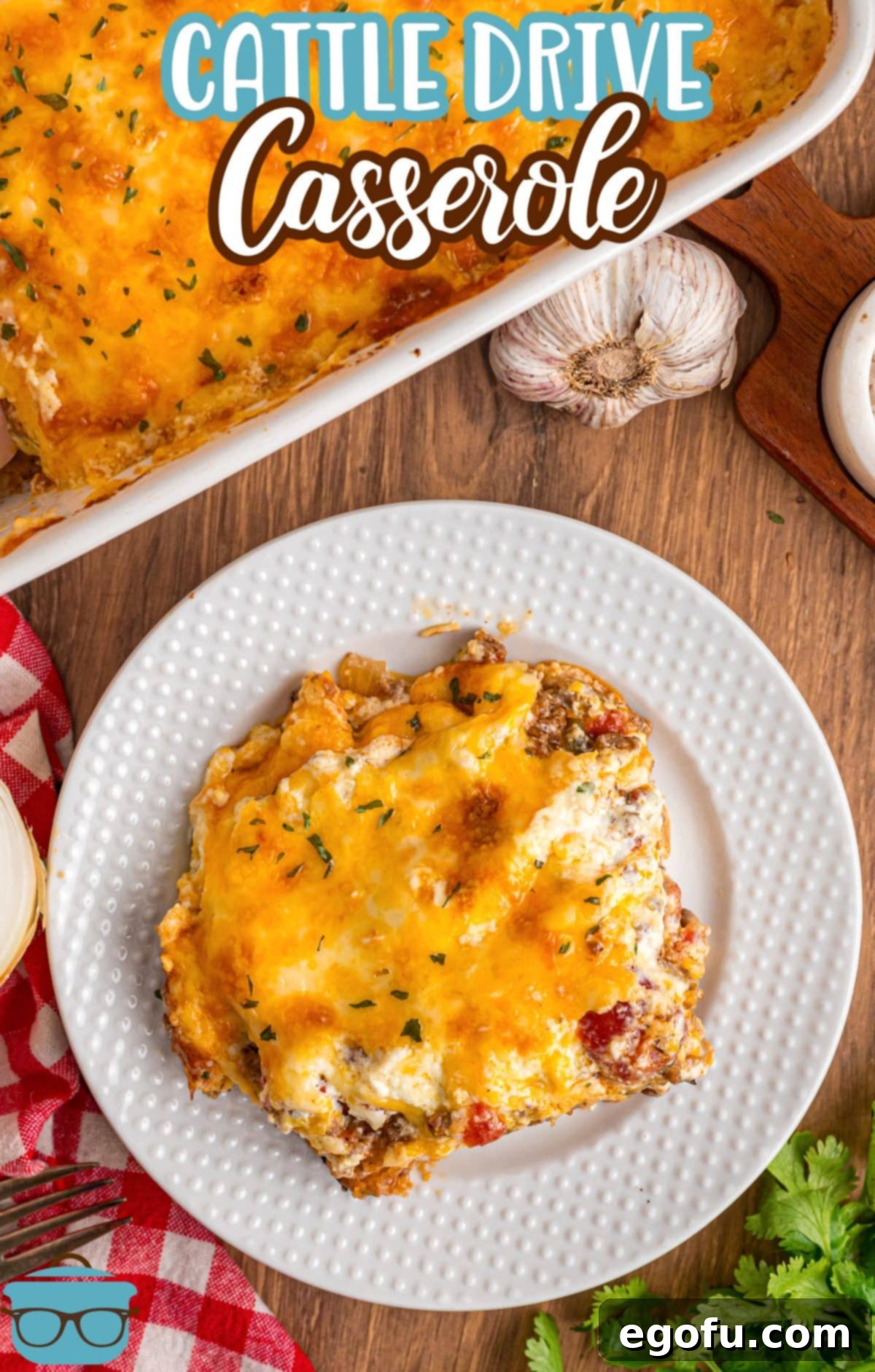 Looking down on a plate of Cattle Drive Casserole, garnished and ready to eat.