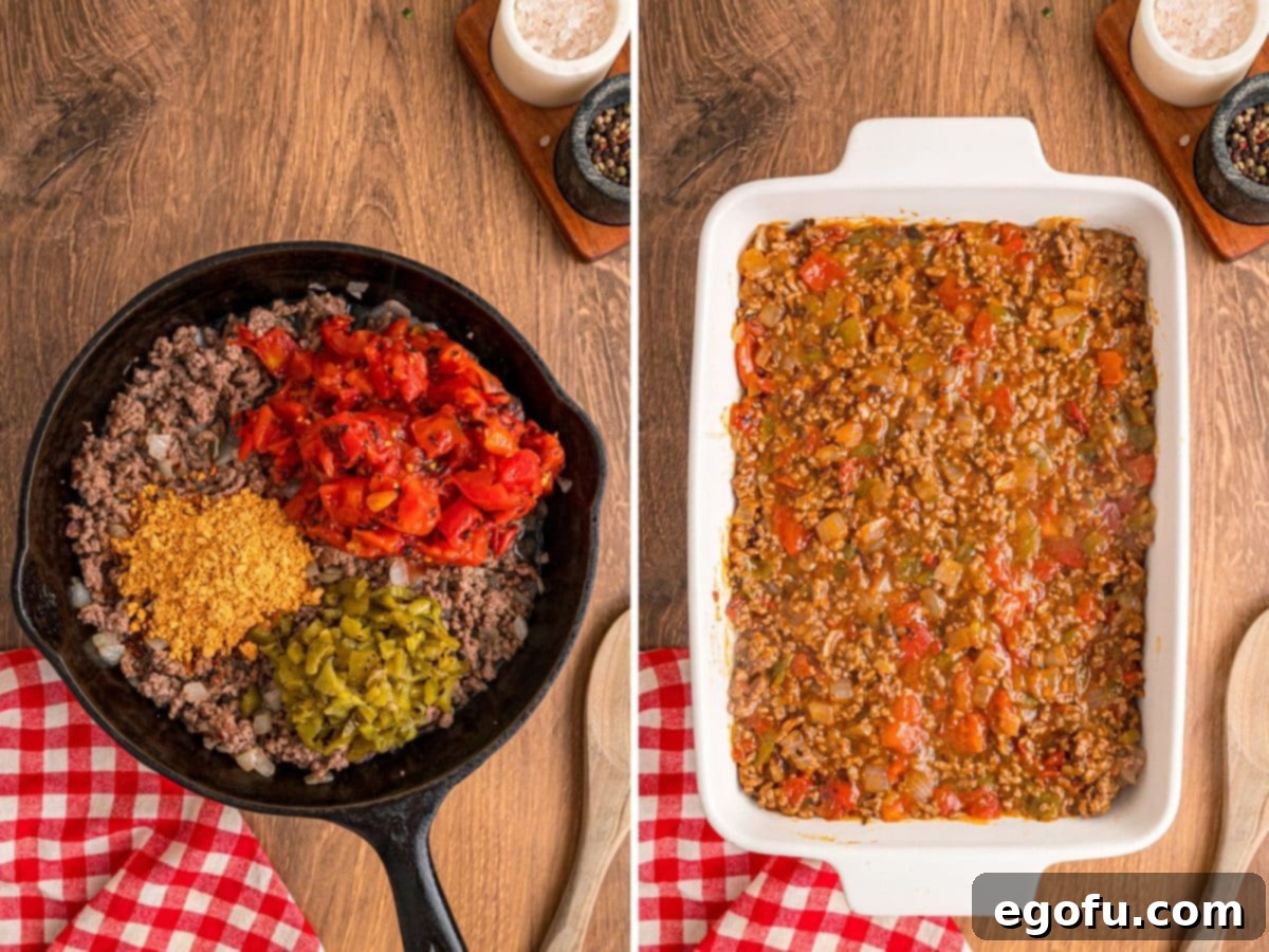 A close-up of the ground beef, onions, tomatoes, taco seasoning, and green chilies simmering together in a skillet, creating a rich and fragrant mixture.