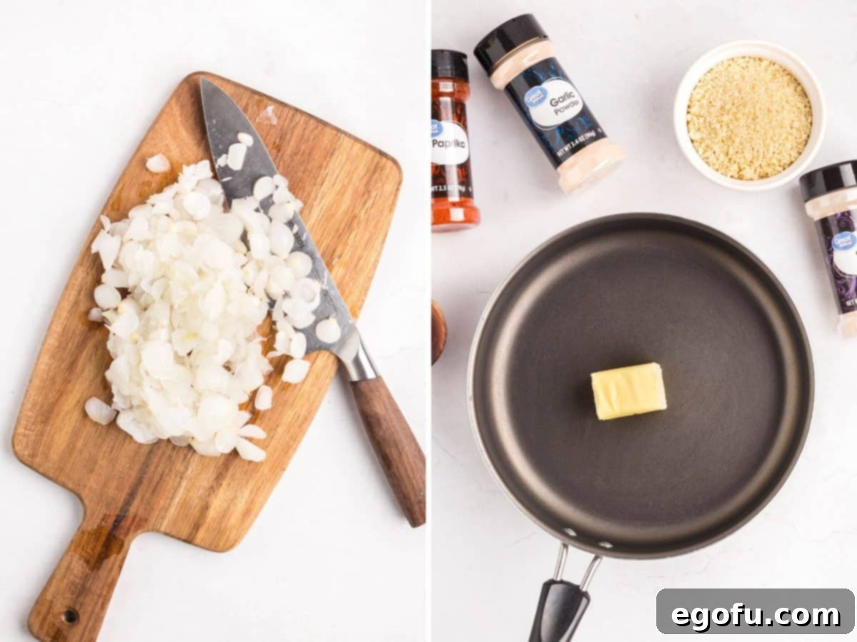 Chopped cocktail onions on a cutting board next to a skillet with melting butter.