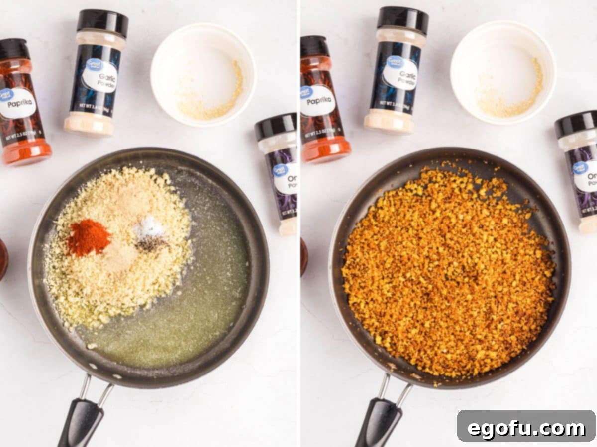 A breadcrumb mixture toasting in a skillet, showing the progression from raw to golden-brown.