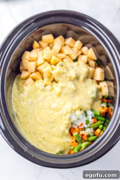 Cream of chicken soup mixture poured over the rest of the Slow Cooker.