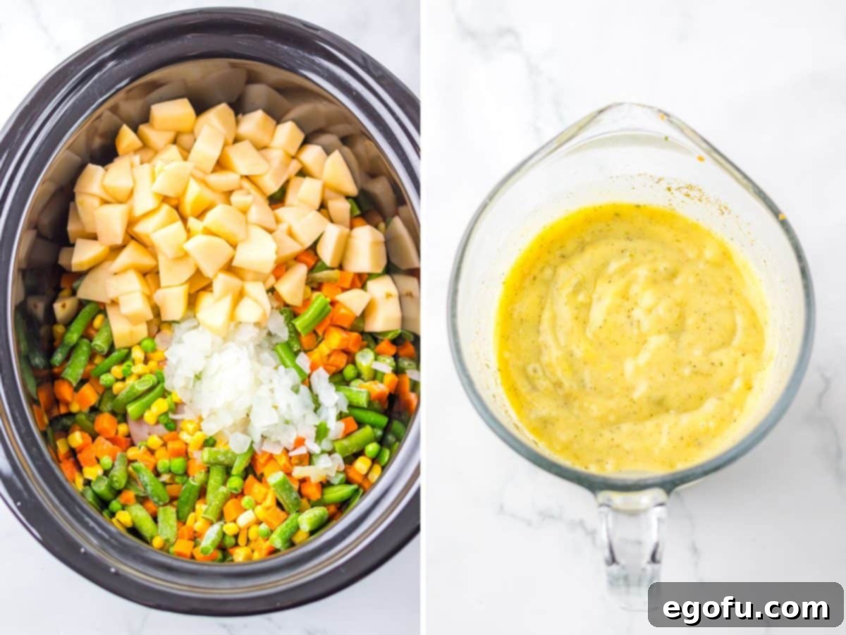 A slow cooker with chicken, onion, potatoes and mixed vegetables and a creamy soup mixture in another bowl.