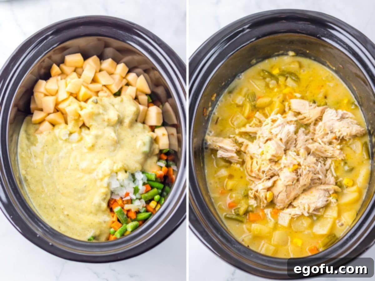 Cream of chicken soup mixture poured over the rest of the Slow Cooker.