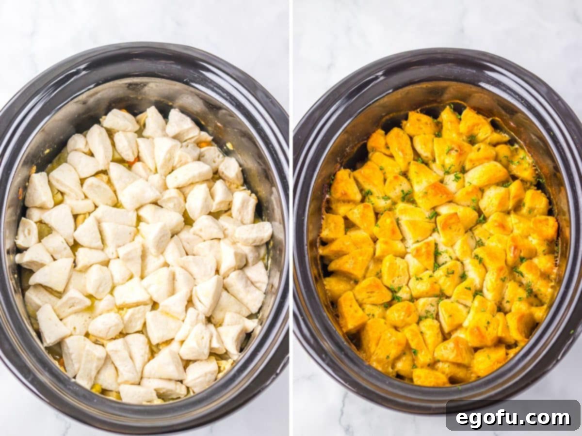 Biscuit pieces on top of a casserole.