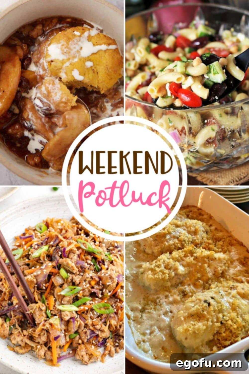 Weekend Potluck featured recipes include: Gooey Apple Cobbler with Sweet Potato Biscuits, Greek Macaroni Salad, Pork Egg Roll in a Bowl and Swiss Sherry Chicken Casserole! Discover delicious homemade recipes for your family.