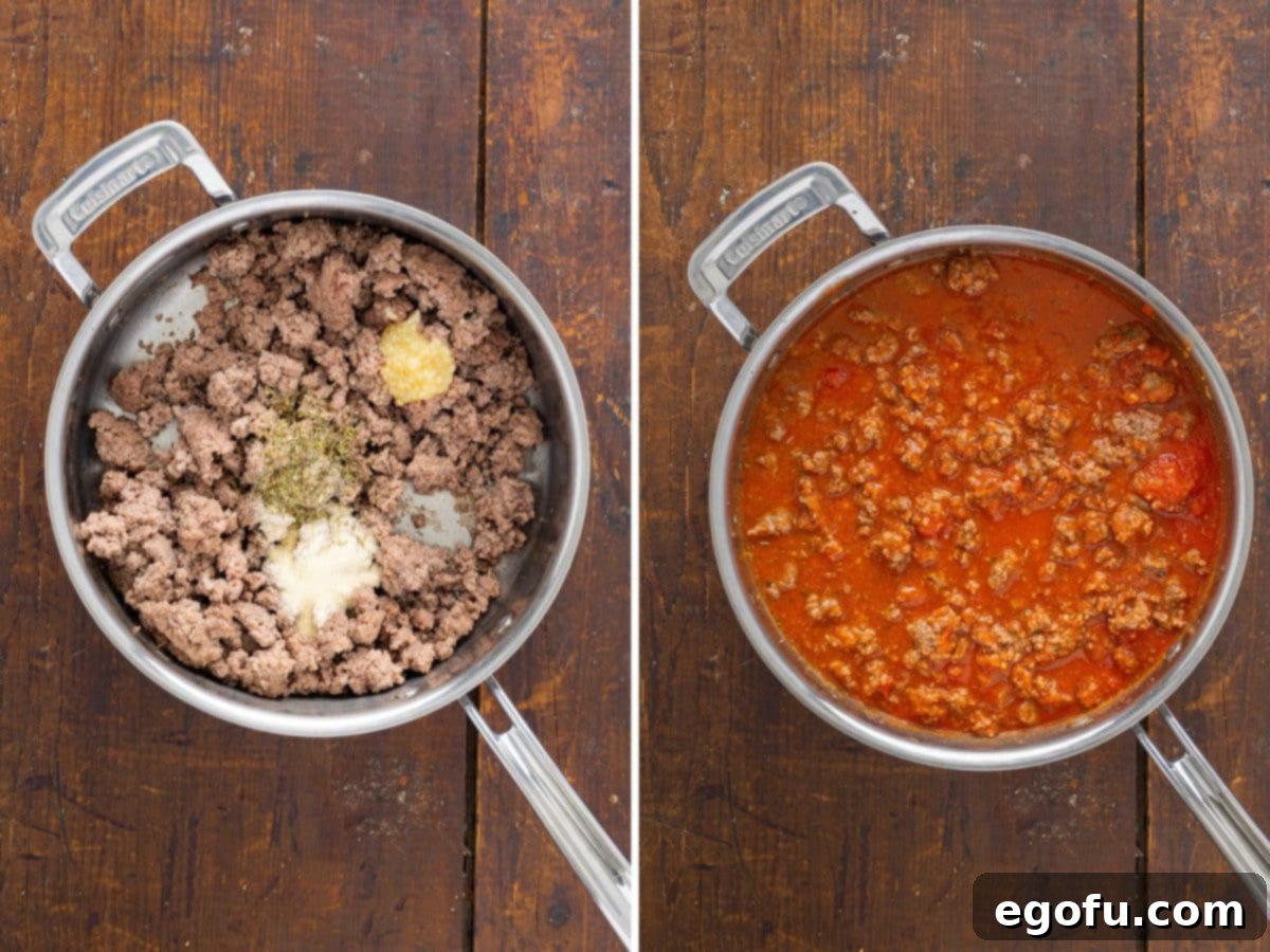 Ground beef cooking in a skillet with aromatic minced garlic, onion powder, and Italian seasoning.
