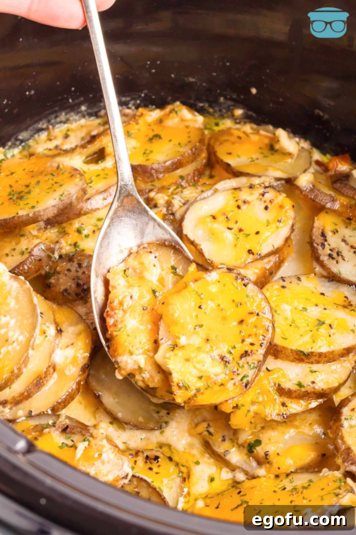 A hand scooping a serving of creamy, cheesy Crock Pot Scalloped Potatoes directly from the slow cooker, steam gently rising.