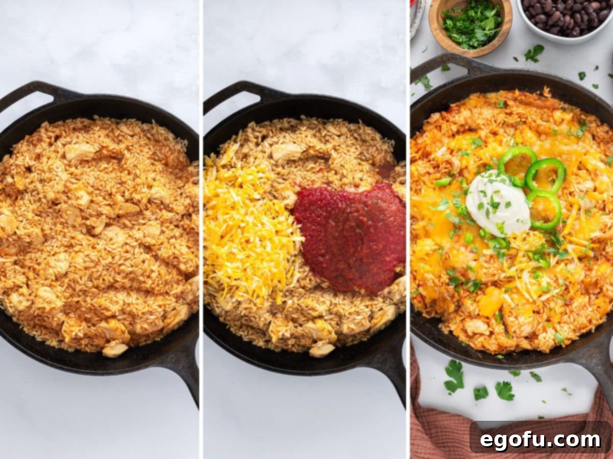 A skillet with chicken, taco sauce, seasoning, broth and rice cooking, cheese and salsa being added and a full skillet of Chicken Taco Rice with toppings.
