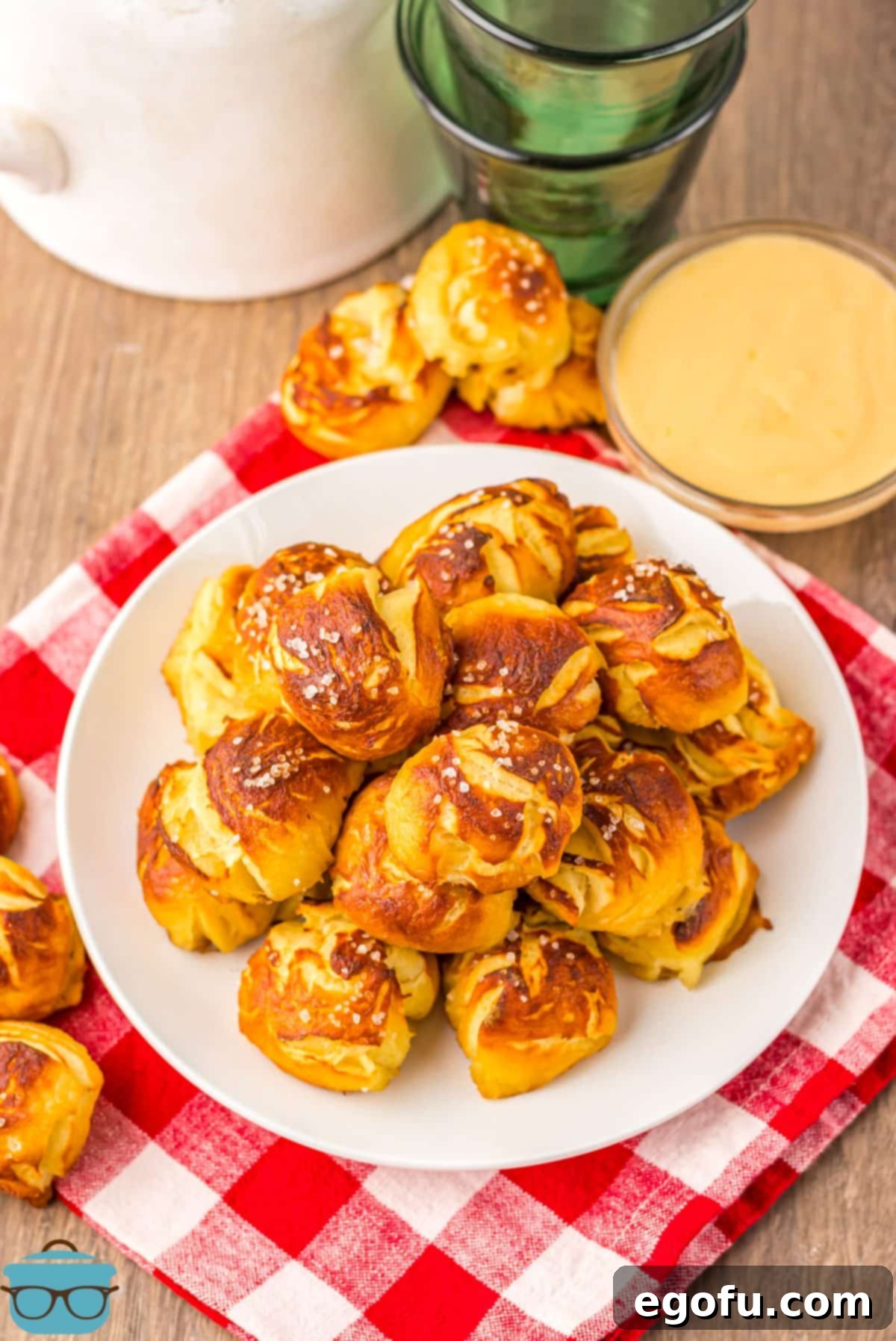 Looking down on a plate of fresh made pretzel bites from biscuit dough.