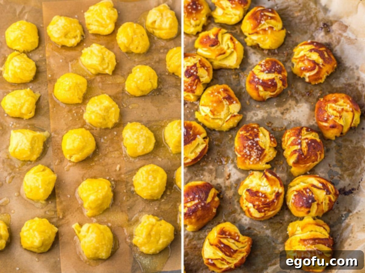 Unbaked pretzel bites with coarse salt and baked pretzel bites. 