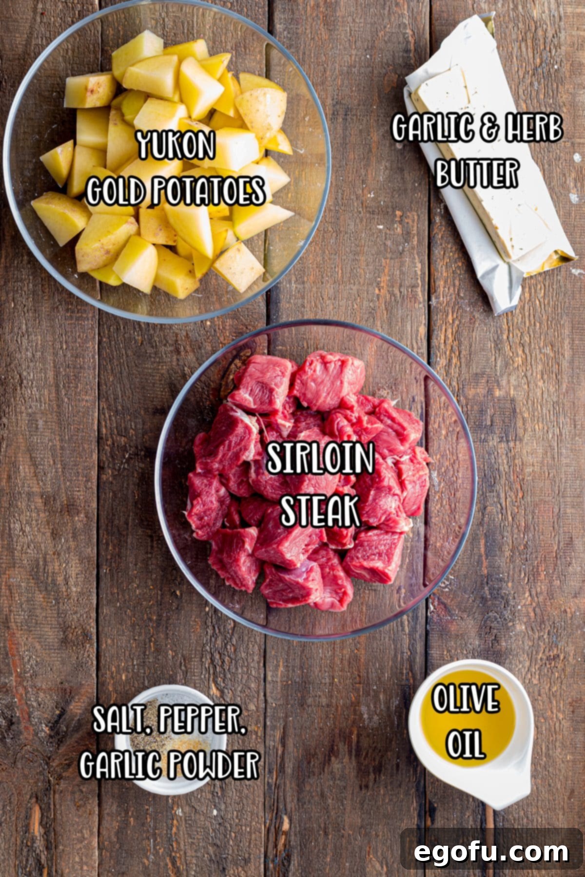 Pan-Seared Garlic Butter Steak Bites with Crispy Potatoes 5 Yukon gold potatoes, sirloin steak, garlic and herb butter, olive oil, salt, pepper, and garlic powder laid out as ingredients.