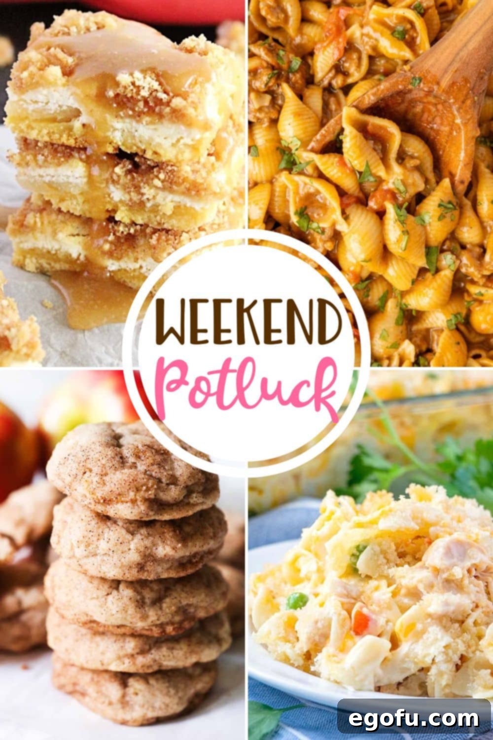 A vibrant collage showcasing the top recipes from the Weekend Potluck: delectable Creamy Apple Squares, savory One Pot Taco Pasta, delightful Apple Snickerdoodles, and comforting Chicken Noodle Casserole.