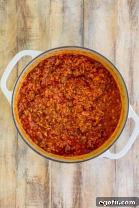 A rice casserole simmering in a deep skillet.