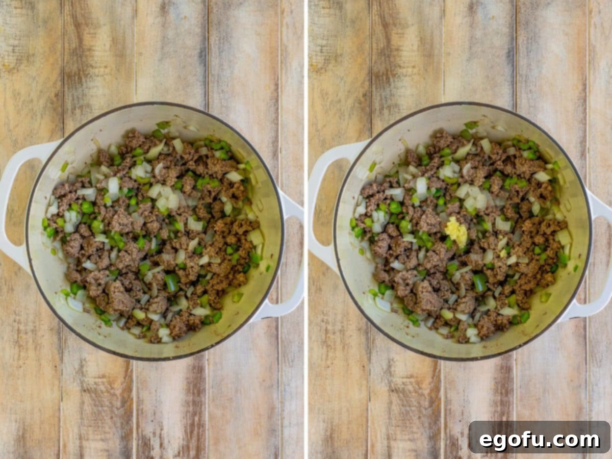 A skillet with perfectly browned ground beef, tender onion, and vibrant bell pepper, ready for the next step in the Italian Rice Casserole.