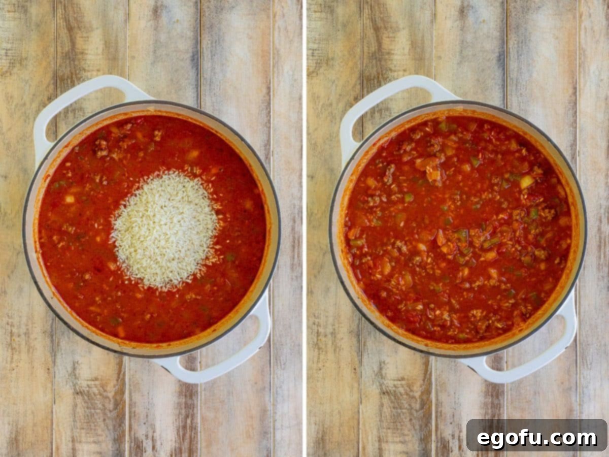 Long grain white rice being carefully added to the rich, simmering casserole base in a pot, ready to absorb all the delicious Italian flavors.