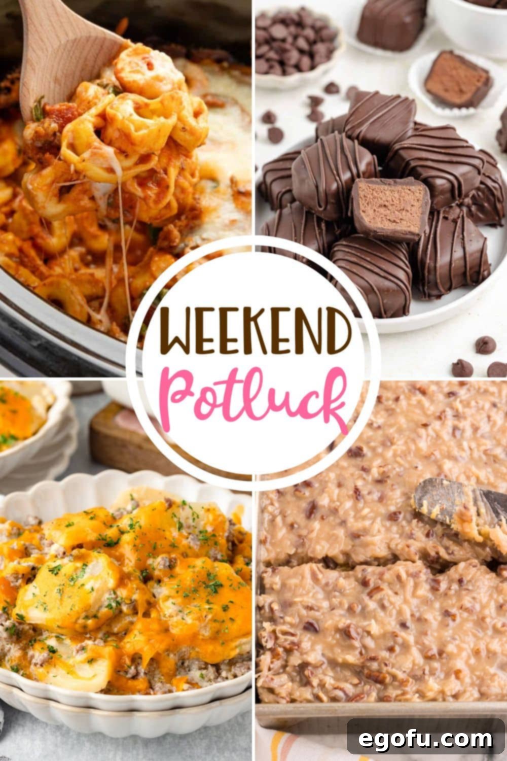 A vibrant collage of featured Weekend Potluck recipes including creamy Crock Pot Tortellini, festive God Bless America Cake, sweet Cool Whip Candy, and a hearty Hamburger and Potato Casserole, showcasing delicious home-cooked meals ready to be enjoyed.