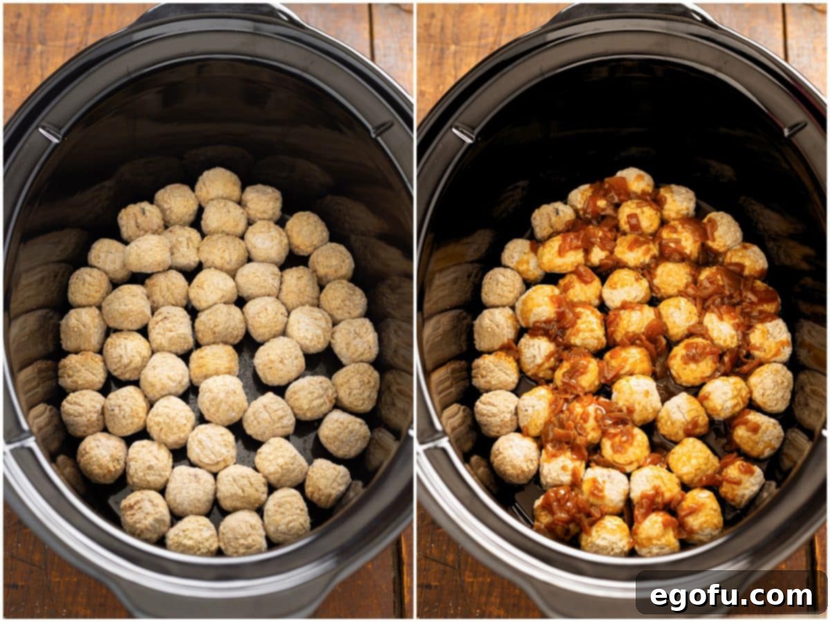 Two images: first shows frozen meatballs in a slow cooker, second shows a can of French onion soup being poured over them.