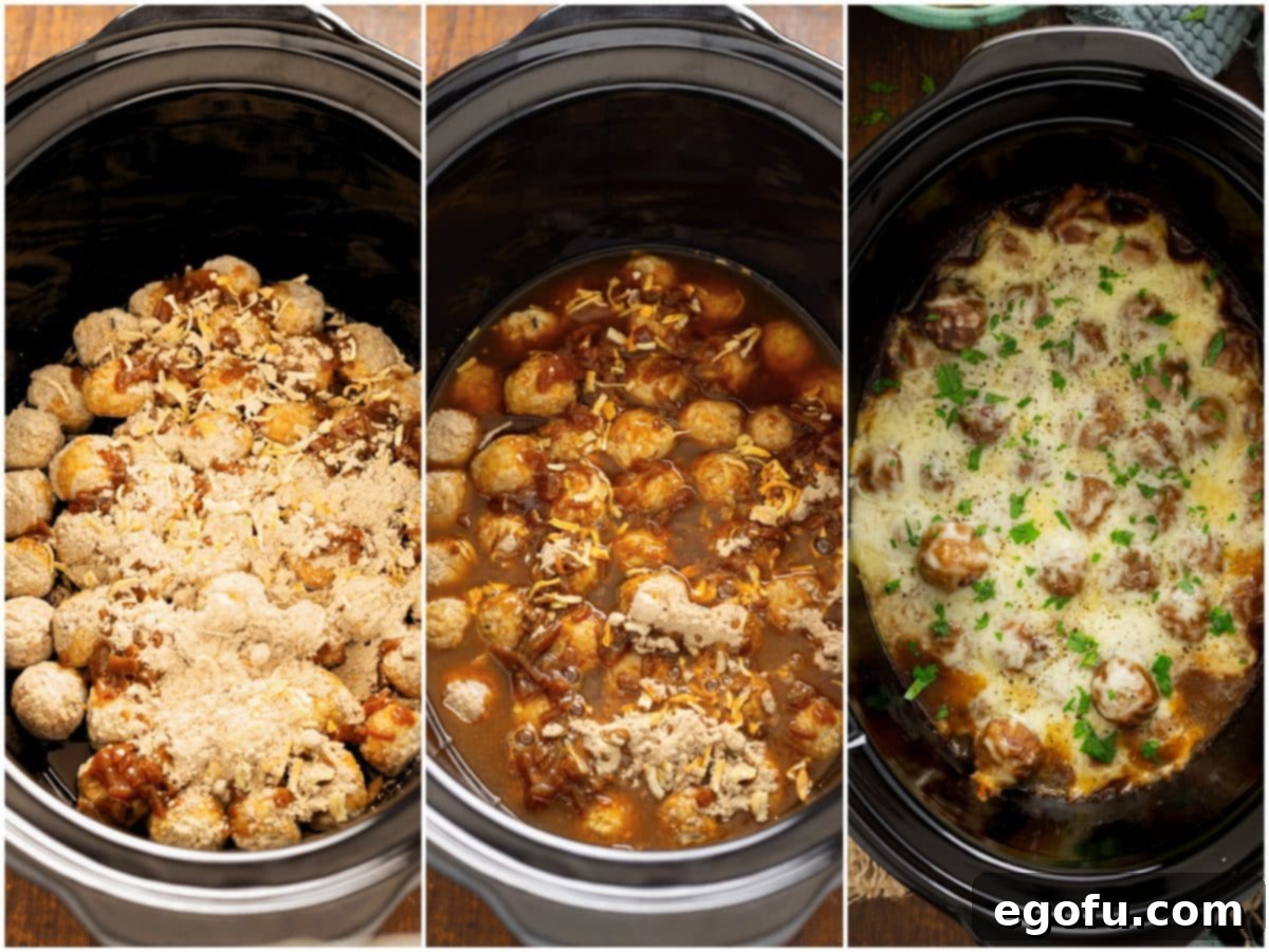 Three images: onion soup mix sprinkled over meatballs, beef broth being poured, and melted shredded cheese topping the meatballs in the slow cooker.