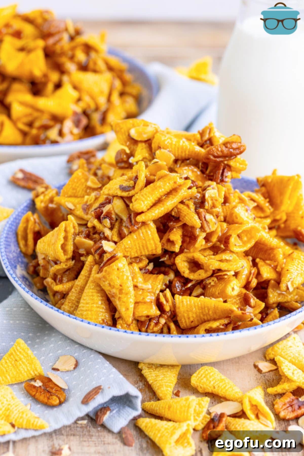 A serving bowl of Sweet Bugle Party Mix, showcasing its sweet and salty appeal.