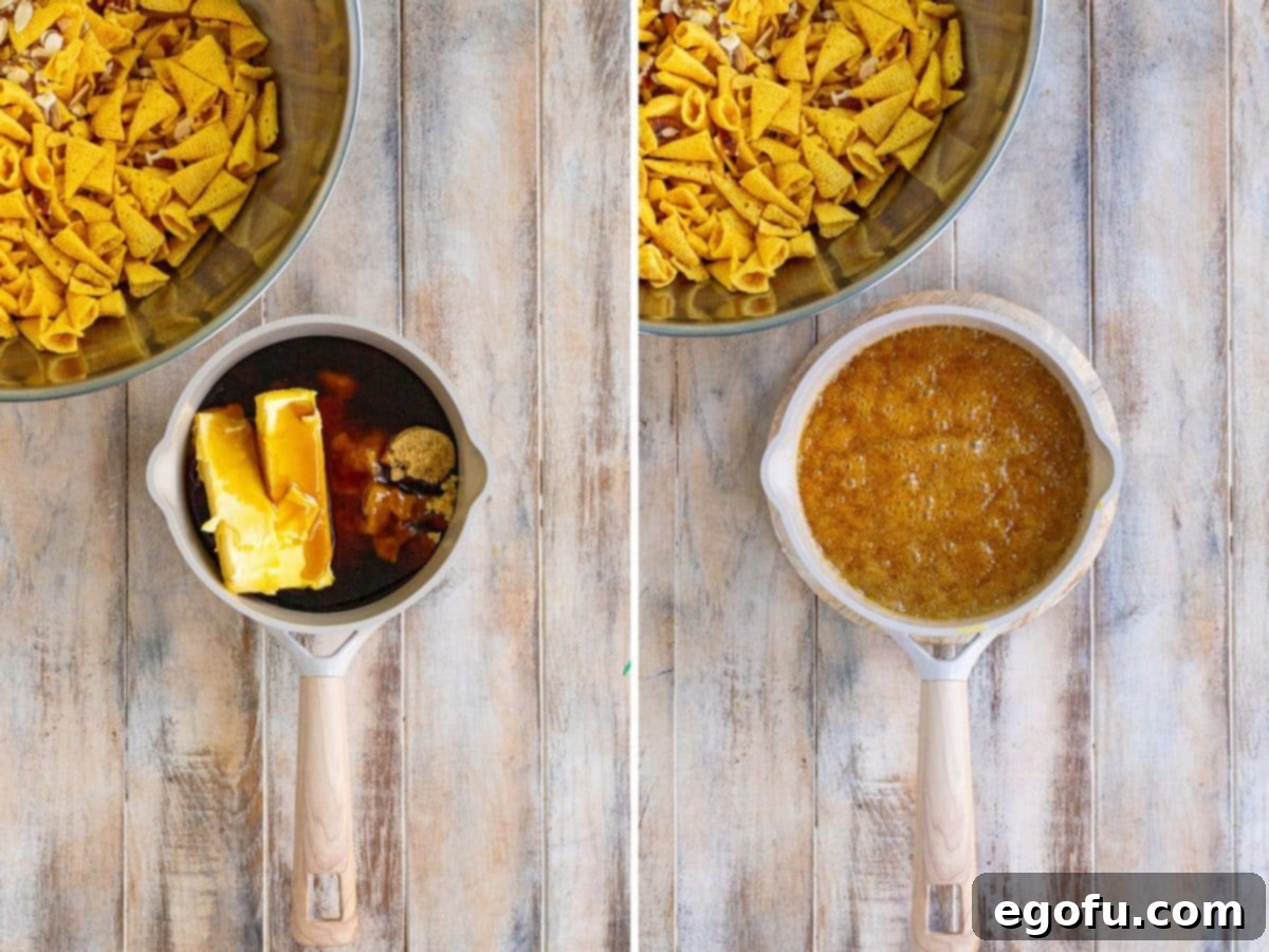A pot on the stove, filled with brown sugar, butter, and corn syrup, awaiting the heat.