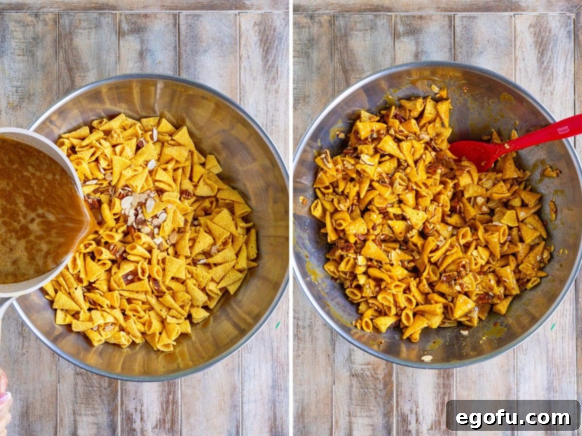 The rich, sweet sauce being poured over the Bugle, pecan, and almond mix in a large bowl.