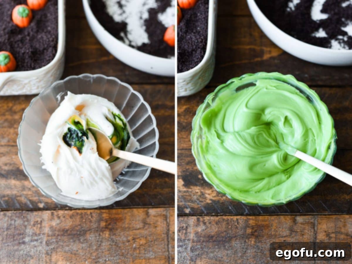 White frosting being mixed with yellow and green food dye to create green frosting.