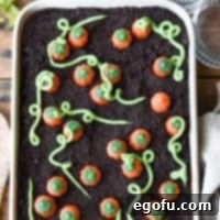 Looking down on a Pumpkin Patch Dirt Pudding dessert, beautifully decorated.