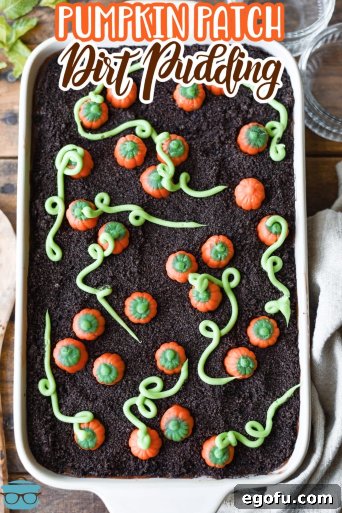 A full baking dish of Pumpkin Patch Dirt Pudding, ready to be served.