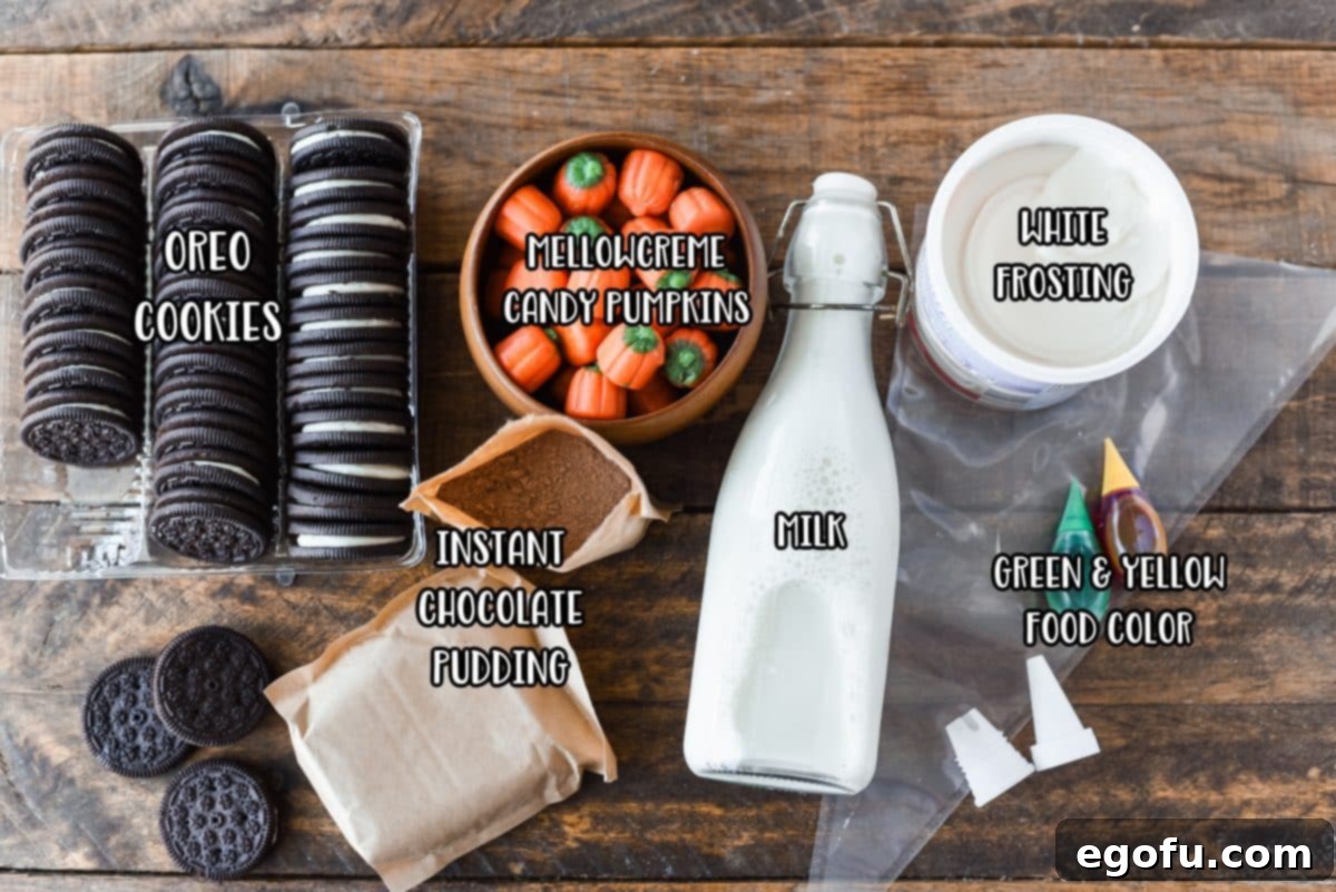 Collection of ingredients: Oreos, chocolate pudding mix, milk, mellowcreme pumpkin candies, frosting, and food coloring.